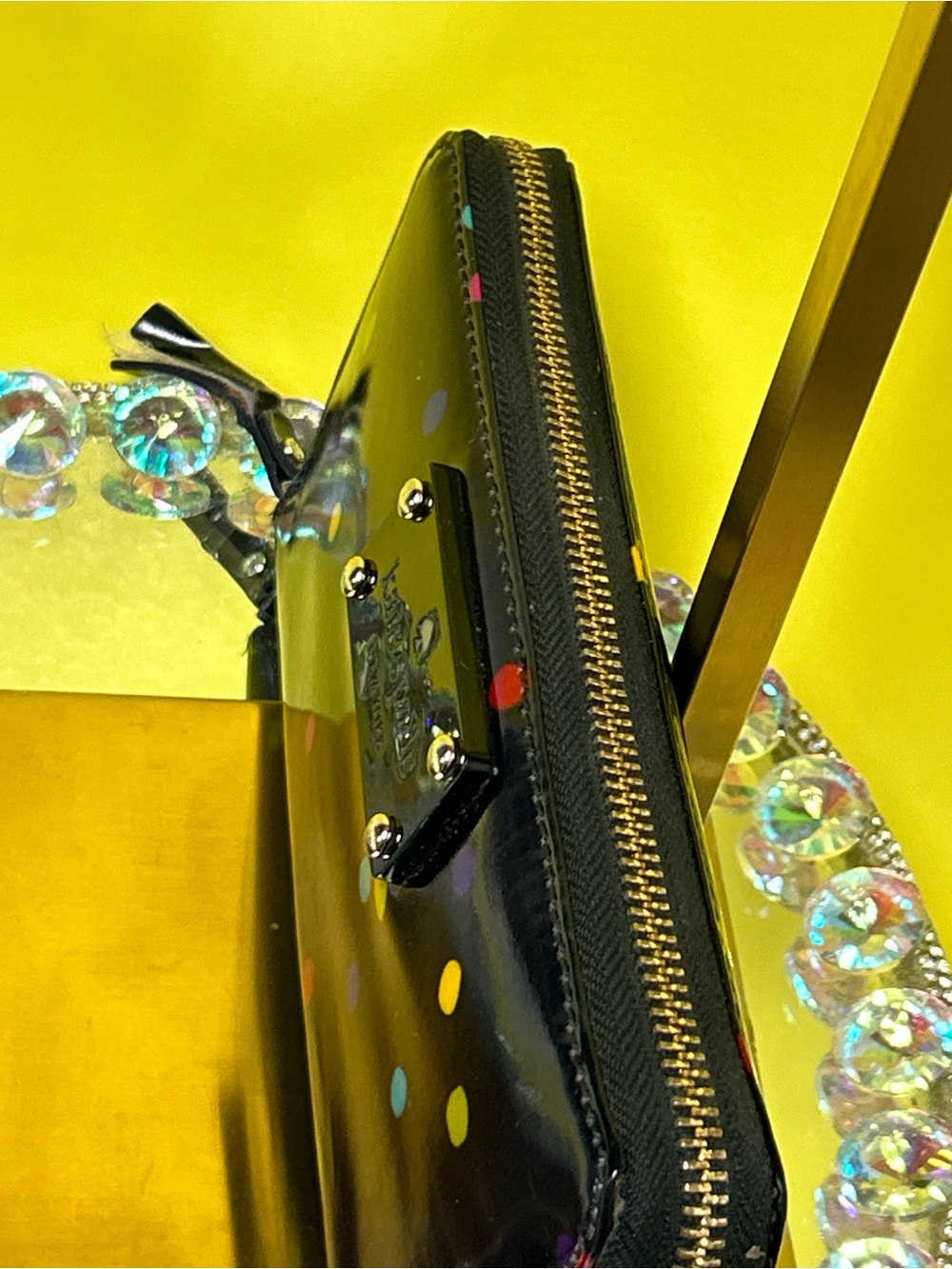 kate spade Black Patent Polka Dot Zip Wallet w/Storybook lining - Picture 6 of 11